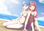  2girls absurdres beach bikini blue_hair blue_sky braid breasts brown_eyes cleavage closed_mouth cloud commentary_request crown_braid day earrings fire_emblem fire_emblem:_three_houses gzo1206 highres hilda_valentine_goneril jewelry knees_up long_hair marianne_von_edmund multiple_girls one_eye_closed open_mouth outdoors partial_commentary pink_eyes pink_hair ponytail sitting sky swimsuit water 