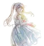  1girl backlighting bangs bare_arms bare_shoulders blonde_hair blue_eyes closed_mouth dress expressionless eyebrows_visible_through_hair floating_hair fullmetal_alchemist hand_on_own_cheek hand_on_own_chest long_hair looking_away looking_back ponytail ribbon sidelocks simple_background sleeveless sleeveless_dress solo tsukuda0310 white_background white_dress white_ribbon winry_rockbell 