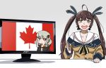  2girls ahoge anyan_(jooho) big_man_tyrone black_sclera brown_hair brown_shirt canada canadian_flag cybernetic_eye flat_screen_tv girls_frontline gradient gradient_background grey_background hair_ribbon highres jacket long_hair looking_at_viewer m14_(girls_frontline) meme mismatched_sclera multiple_girls open_mouth ribbon shirt sweatdrop tac-50_(girls_frontline) teardrop television twintails white_background yellow_eyes 