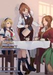  3girls absurdres apron blue_eyes boots braid brown_footwear brown_hair cake closed_eyes coat coffee cup dress food french_braid g36_(girls_frontline) girls_frontline hair_rings highres knee_boots lee-enfield_(girls_frontline) long_hair m1903_springfield_(girls_frontline) maid maid_apron maid_headdress multiple_girls necktie open_mouth pants personification ponytail red_coat shiryuu_akira sidelocks teacup white_dress white_pants 