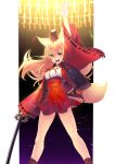  1girl animal_ear_fluff animal_ears arm_up bangs blonde_hair breasts brown_eyes brown_headwear brown_legwear commentary_request eyebrows_visible_through_hair fate/extra fate/extra_ccc fate/extra_ccc_fox_tail fate_(series) fox_ears fox_girl fox_tail glowing hair_between_eyes hat highres holding holding_sword holding_weapon jacket katana long_hair long_sleeves looking_at_viewer mini_hat open_clothes open_jacket open_mouth pleated_skirt red_jacket red_skirt ribbon-trimmed_sleeves ribbon_trim shirt skirt sleeves_past_wrists small_breasts socks solo soupchan suzuka_gozen_(fate) sword tail v-shaped_eyebrows very_long_hair weapon white_shirt wide_sleeves 