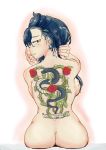  1girl ass ass_support back back_tattoo blue_hair breasts commentary_request earrings english_text eyelashes fingers_to_mouth flower girls_frontline hair_lift hand_up highres hip_focus jewelry kjm3111 korean_commentary leaf long_hair looking_at_viewer looking_back messy_hair mole mole_on_breast mole_under_eye nape nude plant python_(girls_frontline) rose scroll sideboob simple_background sitting snake solo tattoo thorns vines white_background yellow_eyes 
