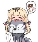  ... 1girl 1other animal_ear_fluff animal_ears asimo953 biting black_ribbon blonde_hair blood candy chibi closed_eyes commentary_request cookie doughnut fangs food hair_ribbon halloween kantai_collection long_hair on_head ribbon role_reversal simple_background speech_bubble tail tress_ribbon twintails white_background wolf wolf_ears wolf_tail yuudachi_(kantai_collection) 