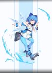  1girl ;d ahoge alternate_costume bag bangs bare_shoulders blue_bow blue_eyes blue_hair blue_jacket bow breasts character_name cirno commentary compass_(instrument) detached_wings dress english_commentary eraser eyebrows_visible_through_hair fang full_body hair_bow headphones headphones_around_neck highres ice ice_wings inline_skates jacket leggings long_sleeves looking_at_viewer mo_ying_yu off_shoulder one_eye_closed open_clothes open_jacket open_mouth outstretched_arm pantyhose paper roller_skates see-through set_square short_hair shoulder_bag skates small_breasts smile solo sweatband test touhou two-tone_background unzipped water white_dress wings zipper zipper_pull_tab 