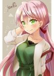  1girl absurdres akashi_(kantai_collection) alternate_costume alternate_hairstyle beige_jacket braid commentary_request cowboy_shot dated dress green_dress green_eyes grey_background highres kantai_collection long_hair pink_hair signature solo two-tone_background yumi_yumi 