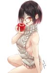  1girl apple artist_name ass backless_outfit bangs bare_arms bare_shoulders black_hair bottomless breasts commentary dated food fruit glasses hand_up highres holding holding_food holding_fruit medium_breasts meme_attire multicolored_hair nabeshima_tetsuhiro nail_polish open_mouth original pink_hair red-framed_eyewear red_eyes red_nails short_hair sideboob simple_background solo squatting symbol_commentary thighs twitter_username virgin_killer_sweater white_background 