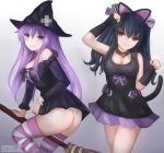 2girls alternate_breast_size animal_ears artist_name artstation_username ass black_hair breasts broom broom_riding cat_ears cat_tail d-pad d-pad_hair_ornament gloves hair_ornament hair_ribbon halloween hat highres long_hair medium_breasts multiple_girls nepgear neptune_(series) paw_pose purple_eyes purple_hair red_eyes ribbon skirt smile striped striped_legwear suterisu tail thighhighs uni_(neptune_series) witch witch_hat 