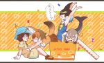  1other 3girls :d \o/ ^_^ androgynous animal_ear_fluff animal_ears arms_up bare_arms black_gloves black_hair blue_dress blue_hair bow bowtie box brown_hair captain_(kemono_friends_3) closed_eyes commentary_request common_dolphin_(kemono_friends) dhole_(kemono_friends) dog_ears dog_tail dolphin_tail dress extra_ears eyebrows_visible_through_hair glasses glomp gloves grey_hair heart highres hug in_box in_container jacket kemono_friends kemono_friends_3 meerkat_(kemono_friends) multicolored_hair multiple_girls o3o open_mouth outline outstretched_arms rakugakiraid sailor_dress short_hair short_sleeves sleeveless sleeveless_dress smile sweatdrop tail translation_request two-tone_hair white_gloves white_hair white_outline yellow_neckwear 
