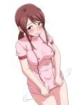  1girl alternate_costume blush breasts brown_eyes brown_hair cowboy_shot from_above highres idolmaster idolmaster_cinderella_girls kezune_(i-_-i) large_breasts long_hair looking_to_the_side mifune_miyu nurse open_mouth ponytail sidelocks simple_background solo thighs white_background 