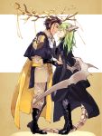  1boy 1girl antlers black_footwear black_gloves boots brown_background brown_hair byleth_(fire_emblem) byleth_(fire_emblem)_(female) claude_von_riegan closed_eyes coat couple dragon_horns dragon_tail dragon_wings face-to-face fire_emblem fire_emblem:_three_houses full_body gloves green_eyes green_hair hair_slicked_back hetero highres holding_hands horns imminent_kiss living_(nsiring) looking_at_another medium_hair neckerchief pants profile short_hair simple_background smile standing tail two-tone_background white_background wings 
