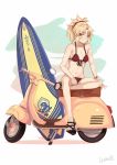  bangs bare_shoulders bikini black_footwear blonde_hair braid breasts commentary darahan eyebrows_visible_through_hair fate/grand_order fate_(series) green_eyes ground_vehicle hair_ornament hair_scrunchie long_hair looking_at_viewer mordred_(fate)_(all) mordred_(swimsuit_rider)_(fate) motor_vehicle navel parted_bangs red_bikini red_scrunchie scrunchie shoes small_breasts smile surfboard swimsuit 