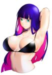  1girl aqua_eyes arm_behind_head armpits bangs bikini black_bikini black_bikini_top blunt_bangs breasts collarbone dark_blue_hair dyun highres large_breasts long_hair looking_at_viewer midriff multicolored_hair panty_&amp;_stocking_with_garterbelt pink_hair simple_background skindentation solo stocking_(psg) straight_hair swimsuit torso two-tone_hair underboob upper_body white_background 