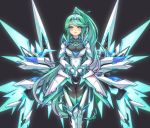  1girl armor bangs black_background blush breasts gem glowing green_eyes green_hair hair_ornament headpiece jewelry large_breasts lips long_hair looking_at_viewer mechanical_wings pneuma_(xenoblade_2) ponytail shoulder_armor simple_background solo spoilers swept_bangs tiara very_long_hair wings xelalanana xenoblade_(series) xenoblade_2 
