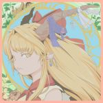  1girl art_nouveau bangs blonde_hair border bow chain character_name circle commentary cube ear_piercing eyebrows_visible_through_hair face flower freckles hair_bow highres horn_ornament horn_ribbon horns ibuki_suika leaf long_hair looking_at_viewer oni piercing pink_border pointy_ears red_bow ribbon shirt sleeveless sleeveless_shirt solo soretsu_nitohei thick_eyebrows tongue tongue_out touhou triangle yellow_eyes 