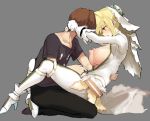  1boy 1girl ahoge assisted_exposure belt black_pants black_shirt blonde_hair bodysuit breasts breasts_outside bridal_veil brown_hair commentary_request eyebrows_visible_through_hair fate/extra fate/extra_ccc fate_(series) flower from_side gloves green_eyes grey_background hetero high_heels hug kishinami_hakuno_(male) kunabishi large_breasts leaning_back leg_lock looking_down nero_claudius_(bride)_(fate) nero_claudius_(fate)_(all) open_bodysuit pants puffy_nipples seiza shirt shoes simple_background sitting unzipping veil white_bodysuit white_flower white_footwear white_gloves zipper_pull_tab 