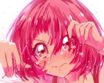  1girl bangs blunt_bangs blush close-up crying crying_with_eyes_open cutting_hair cutting_own_hair eyes_visible_through_hair hair_over_one_eye hairdressing highres holding holding_scissors hugtto!_precure kyoutsuugengo lips long_hair nono_hana pink_eyes pink_hair portrait precure sad scissors severed_hair simple_background solo tears white_background 