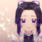  1girl artist_name bangs black_hair black_jacket blush brown_background bug butterfly butterfly_hair_ornament closed_mouth commentary forehead gradient_hair hair_ornament insect jacket kimetsu_no_yaiba kochou_shinobu looking_at_viewer multicolored_hair natsumii_chan open_clothes parted_bangs portrait purple_eyes purple_hair short_hair smile solo 