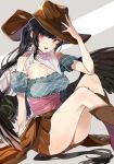  1girl arm_support ass bandana bangs bare_shoulders black_hair black_wings blue_shirt blush boots breasts brown_footwear brown_headwear brown_skirt cleavage collarbone commentary_request cowboy_hat feathered_wings feet_out_of_frame frills grey_background hat head_tilt highres knee_boots knees_up kurokoma_saki large_breasts long_hair looking_at_viewer miniskirt off-shoulder_shirt off_shoulder open_mouth pleated_skirt ponytail puffy_short_sleeves puffy_sleeves red_eyes satoupote shirt short_sleeves sidelocks skirt solo thighs touhou wings 