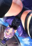  1girl anemone_noa armor armored_dress ass bent_over black_legwear black_leotard breastplate clenched_teeth cloud elbow_gloves fate/grand_order fate_(series) from_below gloves hair_over_one_eye highres legs_apart leotard looking_down mash_kyrielight outdoors purple_eyes purple_gloves purple_hair shield short_hair sky solo teeth thigh_strap thighhighs thighs 