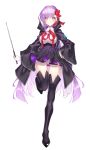  1girl absurdres bb_(fate)_(all) bb_(fate/extra_ccc) black_coat fate/extra fate/extra_ccc fate/grand_order fate_(series) full_body gloves hair_ribbon high-waist_skirt highres holding holding_wand lace lace-trimmed_legwear leotard long_hair looking_at_viewer neck_ribbon purple_eyes purple_hair qupitta red_ribbon ribbon skirt smile solo very_long_hair wand white_gloves white_leotard 