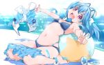  1000-chan 1girl :d ahoge anklet armpits ball barefoot beachball bikini blue_bikini blue_bow blue_hair bow bowtie breasts fangs hair_ornament highres inoue_sora jewelry leaning_back looking_at_viewer navel oizumi open_fly open_mouth outstretched_arms pleated_skirt poolside purple_eyes sitting skirt skirt_pull small_breasts smile solo swimsuit symbol-shaped_pupils twintails undressing unzipped v 