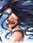 1girl armlet ass asymmetrical_sleeves back bangs bare_shoulders black_bikini_bottom black_bow blue_sky blush bow breasts commentary detached_collar earrings fate/grand_order fate_(series) hair_bow heavenly_boat_maanna highres hoop_earrings ishtar_(fate/grand_order) jewelry long_hair looking_at_viewer looking_back medium_breasts neck_ring parted_bangs parted_lips red_eyes sky smile solo takanashi-a thighs tiara two_side_up weapon white_bikini_top 