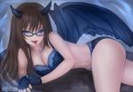  1girl black_skirt black_wings blue_eyes blush breasts brown_hair cleavage demon_girl demon_tail eyebrows_visible_through_hair fangs glasses gloves horns large_breasts long_hair looking_at_viewer navel open_mouth original panties skirt smile solo succubus suterisu tail twintails underwear wings 