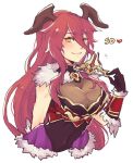  1girl artist_name bare_shoulders black_gloves blue_background blush breasts cleavage closed_mouth detached_sleeves dragalia_lost dragalialust eyebrows_visible_through_hair fang fur_trim gloves heart large_breasts long_hair looking_at_viewer mym_(dragalia_lost) orange_eyes red_hair simple_background smile solo upper_body very_long_hair white_background 