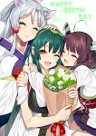  3girls :3 :d ;d ^_^ ahoge animal_ear_fluff animal_ears bangs bouquet brown_hair closed_eyes closed_mouth commentary eyebrows_behind_hair flower fox_ears girl_sandwich green_hair hair_ornament hand_on_another&#039;s_head happy_birthday headgear highres holding holding_bouquet hug japanese_clothes kimono long_hair multiple_girls muneate obi one_eye_closed open_mouth orange_eyes rose sandwiched sash short_sleeves silver_hair smile tasuki touhoku_itako touhoku_kiritan touhoku_zunko twintails voiceroid white_flower white_kimono white_rose yappen 