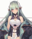  1girl aqua_hair bangs bare_shoulders black_coat blush breasts center_opening cleavage cleavage_cutout closed_mouth coat dress eyebrows_visible_through_hair fate/grand_order fate_(series) green_eyes groin horns kiyohime_(fate/grand_order) long_hair long_sleeves looking_at_viewer medium_breasts off_shoulder open_clothes open_coat oukawa_yuu sidelocks smile solo thigh_strap upper_body very_long_hair white_dress 