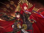 2girls black_bodysuit black_scarf bodysuit cape deepmaru dual_persona family_crest fate/grand_order fate_(series) gun hair_over_one_eye hat height_difference looking_at_viewer military_hat multiple_girls musket oda_nobunaga_(fate) oda_nobunaga_(fate)_(all) oda_nobunaga_(maou_avenger)_(fate) oda_uri older popped_collar red_cape red_eyes red_hair scarf smile weapon 
