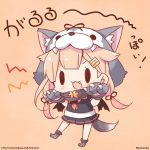  1girl :3 :d animal_ears animal_hat bangs black_ribbon black_shirt black_skirt blonde_hair blush brown_background commentary_request fake_animal_ears fang full_body fur-trimmed_gloves fur_trim gloves grey_gloves hair_flaps hair_ornament hair_ribbon hairclip hat kantai_collection long_hair low_twintails momoniku_(taretare-13) neckerchief open_mouth paw_gloves paw_shoes paws pleated_skirt puffy_short_sleeves puffy_sleeves red_neckwear remodel_(kantai_collection) ribbon shirt shoes short_sleeves simple_background skirt smile solid_oval_eyes solo standing standing_on_one_leg tail translated twintails twitter_username v-shaped_eyebrows very_long_hair watermark web_address wolf_ears wolf_girl wolf_hat wolf_tail yuudachi_(kantai_collection) 
