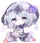  1girl :o \m/ bandaged_leg bandages bangs blue_hair blush chibi cottontailtokki dragon_horns dress flower full_body ghost grey_eyes hair_between_eyes hair_flower hair_ornament headpiece horns long_hair long_sleeves looking_at_viewer parted_lips pumpkin purple_flower shadowverse sleeves_past_fingers sleeves_past_wrists solo standing sweater sweater_dress tombstone white_background white_sweater whitefrost_dragonewt_filene 