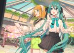  2girls :o aqua_eyes aqua_hair bangs belt black_collar black_skirt blonde_hair blue_sky bow bowtie cloud collar commentary_request cowboy_shot fern grand_piano green_shorts hair_ornament hairband hand_up hatsune_miku headphones headset highres holding holding_microphone instrument ixima kagamine_rin light_blush long_hair marashii microphone monkey multiple_girls music open_mouth piano plant pleated_skirt sailor_collar shirt short_hair short_shorts shorts side-by-side singing skirt sky sleeves_past_wrists smile standing stuffed_animal stuffed_monkey stuffed_toy sunlight sweater swept_bangs tie_clip twintails very_long_hair vocaloid white_shirt 