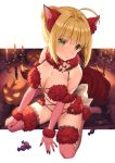  1girl ahoge animal_ears artist_name back_bow bangs bare_shoulders blonde_hair bow breasts candle candy checkered checkered_floor cleavage closed_mouth commentary_request cosplay dangerous_beast elbow_gloves eyebrows_visible_through_hair fake_animal_ears fake_tail fate/extra fate/grand_order fate_(series) food full_body fur-trimmed_gloves fur-trimmed_legwear fur_collar fur_trim gloves green_eyes hair_bun hair_intakes hand_on_own_knee highres jack-o&#039;-lantern kneeling lace lace-trimmed_legwear large_breasts looking_at_viewer mash_kyrielight mash_kyrielight_(cosplay) nero_claudius_(fate) nero_claudius_(fate)_(all) outside_border pink_gloves pink_legwear pumpkin revealing_clothes rosuuri short_hair sitting solo tail thighhighs wariza white_bow wolf_ears wolf_tail 