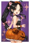  1girl alternate_costume basket black_hair blush bow brown_eyes candy cosplay dated food frills hair_ornament halloween halloween_costume highres jack-o&#039;-lantern kantai_collection libeccio_(kantai_collection) libeccio_(kantai_collection)_(cosplay) long_hair low-tied_long_hair multi-tied_hair nisshin_(kantai_collection) open_mouth pumpkin pumpkin_pants purple_background scrunchie short_eyebrows simple_background smile solo sparkle striped striped_bow tank_top toka_(marchlizard) wrist_scrunchie 