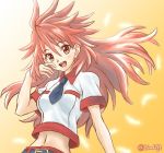  1girl amou_kanade belt breasts commentary_request link_(aa30) long_hair looking_at_viewer navel open_mouth red_eyes red_hair senki_zesshou_symphogear smile solo 