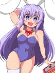  1girl :d animal_ears arm_behind_head ass_visible_through_thighs bangs bare_arms bare_shoulders bow bowtie breasts bunny_ears bunny_girl bunnysuit commentary covered_navel detached_collar erina_(rabi-ribi) eyebrows_visible_through_hair hair_between_eyes hammer leotard long_hair looking_at_viewer medium_breasts naitou_kouse open_mouth purple_eyes purple_hair purple_leotard rabi-ribi red_neckwear simple_background single_thighhigh smile solo thigh_gap thighhighs very_long_hair white_background white_legwear wrist_cuffs 