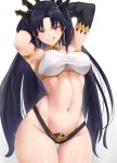  1girl absurdres armlet asymmetrical_sleeves bangs black_bikini_bottom black_hair blush breasts closed_mouth cromwellb detached_sleeves earrings fate/grand_order fate_(series) highres hoop_earrings ishtar_(fate/grand_order) jewelry licking_lips long_hair looking_at_viewer medium_breasts navel neck_ring parted_bangs red_eyes simple_background single_detached_sleeve smile solo thighs tiara tongue tongue_out two_side_up white_background white_bikini_top 
