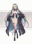  1girl aqua_hair bangs bare_shoulders black_coat black_footwear blush boots breasts center_opening cleavage cleavage_cutout closed_mouth coat dress fate/grand_order fate_(series) full_body green_eyes groin horns kiyohime_(fate/grand_order) knee_boots long_hair long_sleeves looking_at_viewer medium_breasts off_shoulder open_clothes open_coat oukawa_yuu sidelocks smile solo standing thigh_strap very_long_hair white_dress 