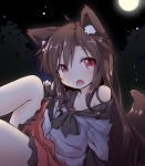 1girl :o animal_ear_fluff animal_ears brown_hair dress fang frilled_dress frills full_moon imaizumi_kagerou long_hair long_sleeves looking_at_viewer moon natsu_no_koucha night off_shoulder red_eyes sketch sky solo star_(sky) starry_sky tail touhou wolf_ears wolf_tail 