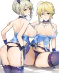  2girls ahoge aqua_eyes artoria_pendragon_(all) artoria_pendragon_(lancer) artoria_pendragon_(lancer_alter) artoria_pendragon_(lancer_alter)_(cosplay) ass babydoll bare_shoulders black_gloves black_panties blonde_hair blue_babydoll blue_bow blue_flower blue_gloves blue_legwear blue_rose blush bow braid breasts breasts_apart choker cosplay covered_nipples crown_braid eyebrows_visible_through_hair fate/grand_order fate_(series) flower french_braid garter_belt gloves grey_hair hair_between_eyes hair_bun hand_on_another&#039;s_shoulder highres jewelry large_breasts lingerie looking_at_viewer looking_back multiple_girls navel necklace neee-t panties rose royal_icing see-through sidelocks sitting snowflake_print spread_legs standing thighhighs thong underwear yellow_eyes 