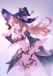  1girl :d bangs beatrix_(granblue_fantasy) black_gloves blush breasts brown_hair cleavage detached_sleeves gloves granblue_fantasy halloween halloween_costume hand_up hat large_breasts long_hair long_sleeves looking_at_viewer midriff navel open_mouth simple_background smile solo standing striped striped_legwear thighhighs vertical_stripes vienri wide_sleeves witch_hat 
