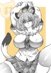  1girl animal_ear_fluff animal_ears arms_up bangs bare_arms big_hair breast_pocket breasts commentary_request eyebrows_visible_through_hair fur_collar hair_between_eyes hand_on_own_arm head_tilt huge_breasts impossible_clothes impossible_shirt japari_symbol kemono_friends knee_up lion_(kemono_friends) lion_ears lion_tail looking_at_viewer miniskirt musashino_sekai necktie parted_lips plaid plaid_neckwear plaid_skirt plaid_sleeves pocket ringed_eyes shiny shiny_clothes shiny_legwear shirt short_sleeves sitting skindentation skirt solo spread_legs tail thighhighs zettai_ryouiki 