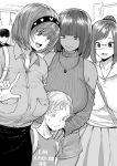  2boys 3girls :d age_difference artist_self-insert backpack bag bangs bare_shoulders between_breasts breasts child collared_shirt cross cross_necklace dark_skin dress_shirt english_commentary glasses greyscale hairband handbag highres hime_cut index_finger_raised jewelry large_breasts mature monochrome multiple_boys multiple_girls necklace norman_maggot open_mouth original ponytail ribbed_shirt shirt short_hair short_shorts shorts skirt smile standing strap_between_breasts sweatdrop tan 