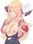  1girl bare_shoulders black_mutou blonde_hair blush breasts breasts_outside camisole closed_mouth collarbone commentary_request cosplay detached_sleeves flower foreshortening green_eyes hair_flower hair_ornament head_wings heart heart_cutout highres holding holding_poke_ball long_hair long_sleeves looking_at_viewer medium_breasts morrigan_aensland morrigan_aensland_(cosplay) nipples no_bra outstretched_arm pinky_out poke_ball poke_ball_(generic) pokemon pokemon_(game) pokemon_dppt pulled_by_self seductive_smile shirona_(pokemon) simple_background smile solo spaghetti_strap speech_bubble spoken_heart stomach strap_pull strap_slip upper_body vampire_(game) very_long_hair white_background 