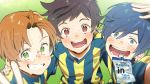  3boys absurdres arm_around_shoulder blue_eyes blue_hair brown_eyes brown_hair energy_drink freckles glasses grass green_eyes hair_intakes hana_bell_forest highres huge_filesize jinnai_enta kuji_toi male_focus multiple_boys sarazanmai shirt smile soccer_uniform sportswear striped striped_shirt sweat what_if yasaka_kazuki 