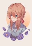  1girl absurdres bangs blonde_hair blue_eyes character_name closed_mouth flower grey_background hair_between_eyes highres long_hair looking_to_the_side purple_flower simple_background solo sora_(zwz030) upper_body violet_evergarden violet_evergarden_(character) 