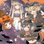  4girls alternate_costume amatsukaze_(kantai_collection) anchor anchor_hair_ornament anchor_symbol animal animal_ear_fluff animal_ears bangs bat black_hair blonde_hair blush breasts broom brown_hair candy cat_ears cat_tail closed_mouth cocoperino eyebrows_visible_through_hair food gloves gradient_hair hair_ornament hair_tubes hairband halloween halloween_costume hat headgear jack-o&#039;-lantern kantai_collection long_hair multicolored_hair multiple_girls navel open_mouth paw_gloves paws shimakaze_(kantai_collection) short_hair short_hair_with_long_locks silk silver_hair spider_web star tail tokitsukaze_(kantai_collection) two_side_up wings witch_hat yukikaze_(kantai_collection) 