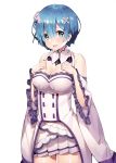  1girl absurdres alternate_costume ayamy bangs bare_shoulders blue_eyes blue_hair blush breasts cleavage cosplay detached_collar detached_sleeves dress emilia_(re:zero) emilia_(re:zero)_(cosplay) eyebrows_visible_through_hair flower frills hair_flower hair_ornament hair_over_one_eye hair_ribbon hands_on_own_chest hands_up highres looking_at_viewer medium_breasts open_mouth pink_ribbon purple_ribbon re:zero_kara_hajimeru_isekai_seikatsu rem_(re:zero) ribbon scan short_hair simple_background skirt smile solo thighhighs white_background wide_sleeves x_hair_ornament 